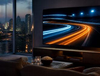 Viewer watching abstract race-track lights in a modern apartment.