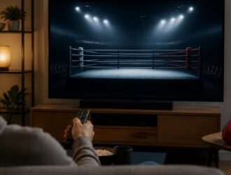 Viewer watching a neutral boxing ring scene at home.