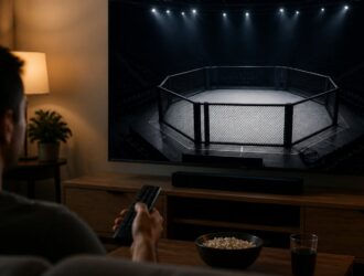 Viewer using a remote while watching a neutral combat-sports arena.