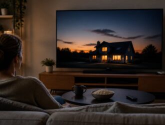 Home television showing a generic house-at-dusk drama scene.