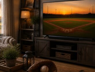 Viewer watching a generic baseball diamond at sunset.