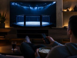 Viewer watching a neutral combat-sports arena at home.