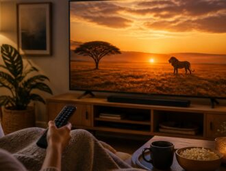 Home television showing a generic golden savanna scene.