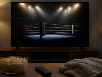 Viewer watching a neutral boxing ring on television.