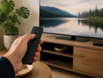 Hand aiming an unbranded streaming remote at a television.