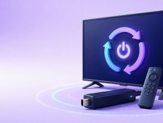 A streaming device and television with a circular restart path, illustrating a repeated reboot problem.