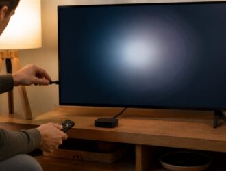 Person checking a streaming device and HDMI cable below a dark television.