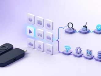 Abstract app tiles and a streaming device showing the difference between an app-specific and device-wide problem.