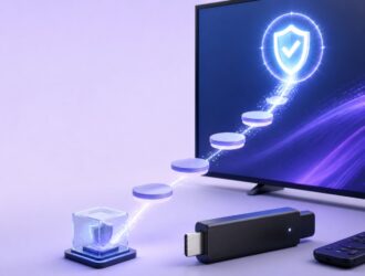 A streaming device with a secure software-update path and system symbol.
