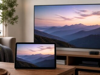 Tablet and television displaying the same mountain scene for screen mirroring.