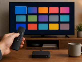 Remote and generic app tiles on a television during streaming-device setup.