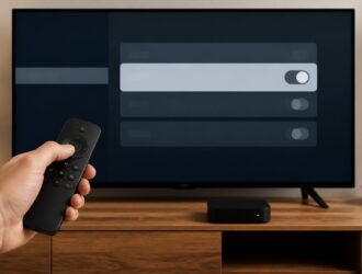 Remote held in front of a generic television settings screen.