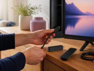 Hands connecting an HDMI cable beside a streaming device and television.