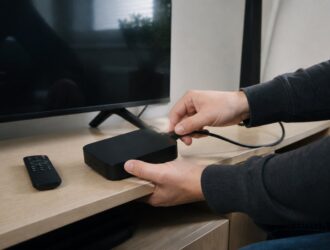 Person checking the power cable of an unbranded TV box.