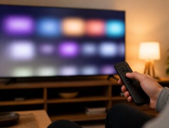 Remote held in front of a softly blurred television display.