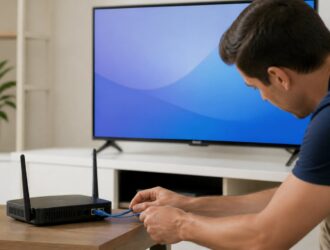 Person checking router cables beside a television.