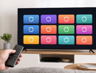 Remote in front of generic app update tiles on a television.