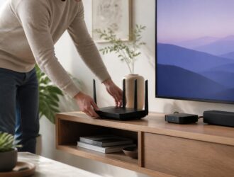 Person moving a home router near a television setup.