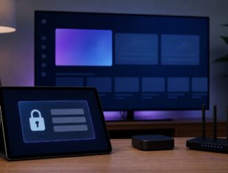 Tablet with abstract connection fields beside a television, router, and streaming device.
