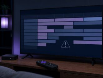 Television showing an abstract program schedule with missing blocks and a warning symbol.
