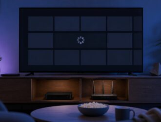 Television with an empty abstract content grid, loading symbol, router, and streaming device.