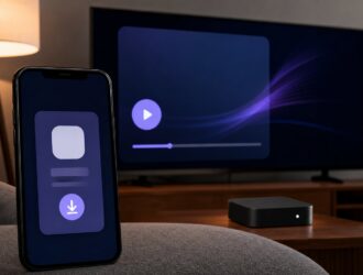 Smartphone showing a generic app setup card beside a television and streaming device.