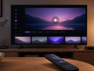 Television with an abstract streaming player interface and a remote on a table.