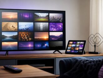 Television and tablet showing an abstract selection of live-viewing panels beside a small indoor antenna.
