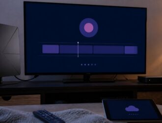 Television and tablet with a non-text recording timeline beside an indoor antenna and DVR device.