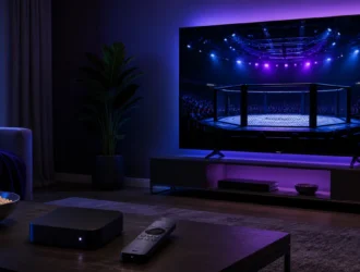 Television and streaming device prepared for a mixed martial arts event.
