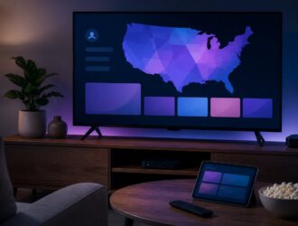 Television displaying an abstract map of the United States beside a streaming setup.