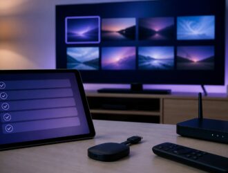 Tablet showing an abstract checklist beside a television, router, streaming device, and remote.