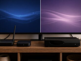 Streaming device and router beside a traditional cable box with coaxial cable under a split television display.