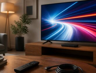 Cable-free television setup with generic racing imagery.