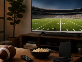 Cable-free football viewing setup in a living room.