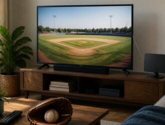 Cable-free baseball viewing setup at home.