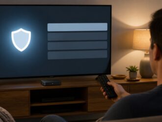 Person using a remote in front of a television showing an abstract privacy settings screen.
