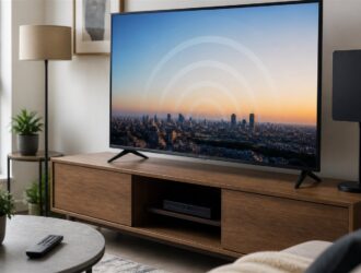 Indoor antenna beside a television in a home.