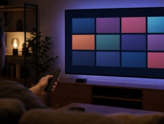 Person using a remote in front of generic television viewing tiles.