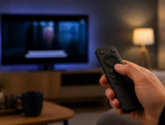 Hand holding a streaming remote while caption text appears on a television screen