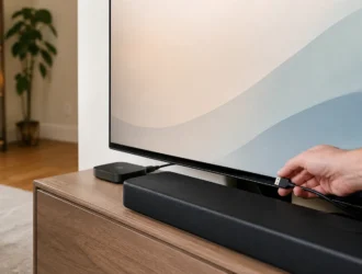 Photograph of a television, soundbar, and HDMI streaming device during an audio troubleshooting check.
