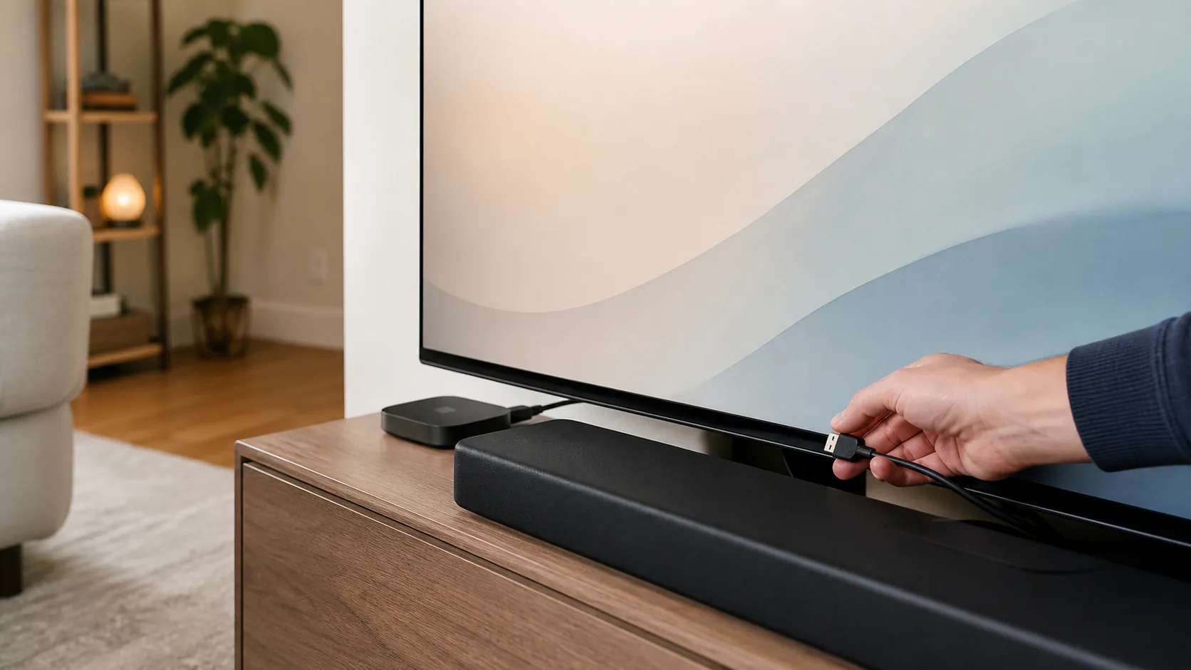 Photograph of a television, soundbar, and HDMI streaming device during an audio troubleshooting check.