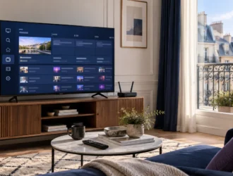 Smart television showing a generic French live TV guide in a bright Paris apartment