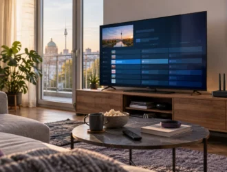Smart television displaying a generic German TV guide in a contemporary living room