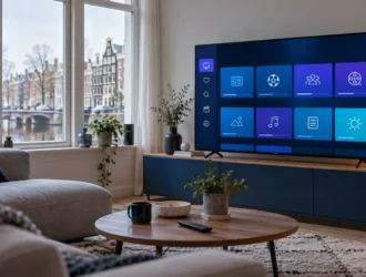 Smart TV displaying a generic live TV guide in a modern Dutch living room